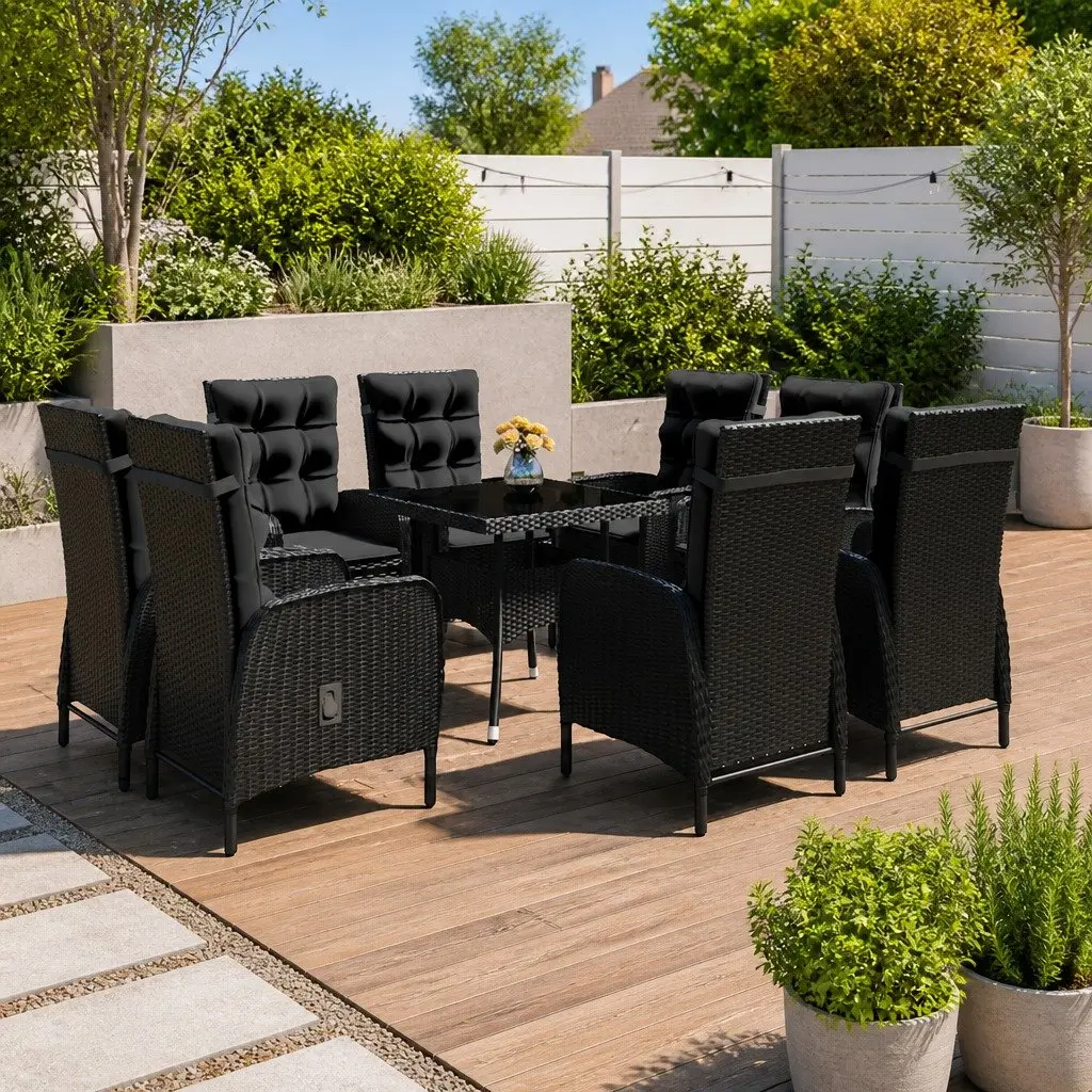9 Piece Outdoor Dining Set Black Rattan Chairs Glass Top Weather Resistant