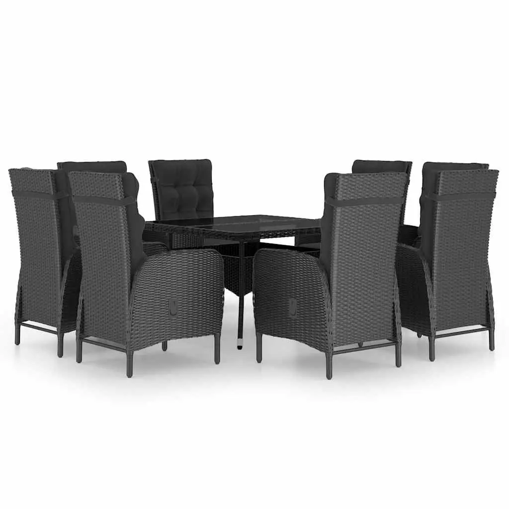 9 Piece Outdoor Dining Set Black Rattan Chairs Glass Top Weather Resistant