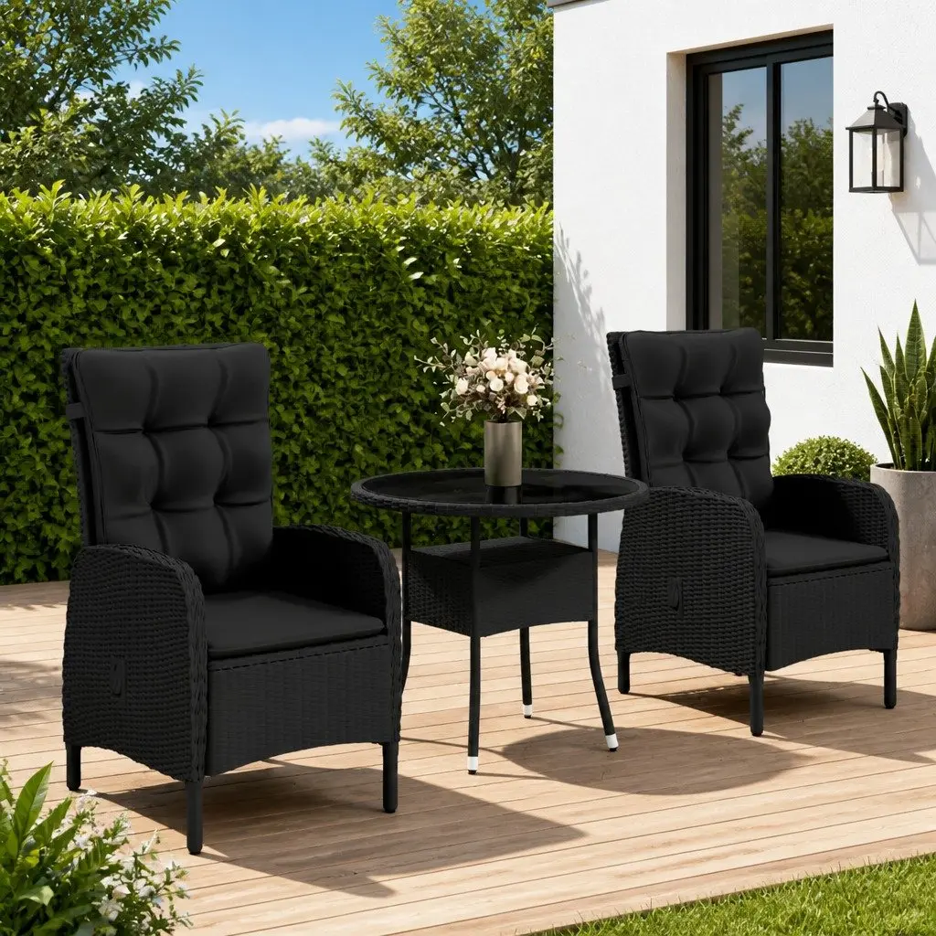 3 Piece Garden Bistro Set Black Poly Rattan Outdoor Furniture Adjustable Backrest