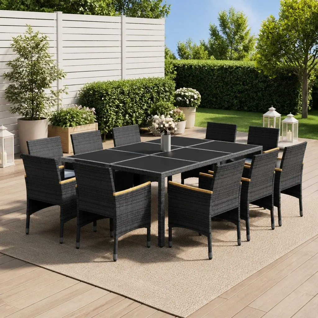 Garden Dining Set Grey 11 Piece Outdoor Furniture PE Rattan Steel