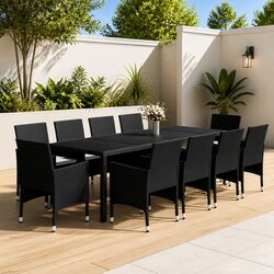 11 Piece Garden Dining Set Outdoor Patio Furniture Steel PE Rattan Black
