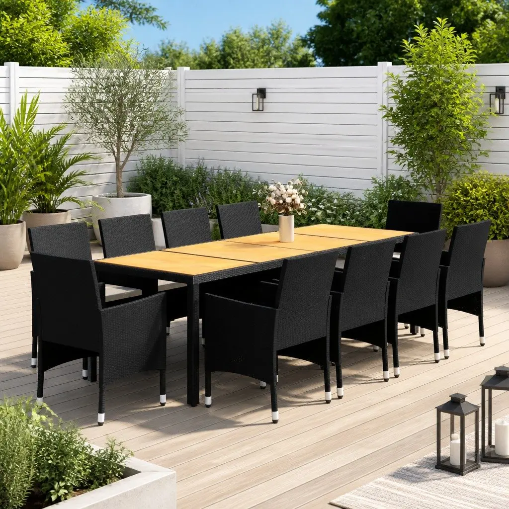 11 Piece Garden Dining Set Black Steel Rattan Weather Resistant Outdoor Furniture