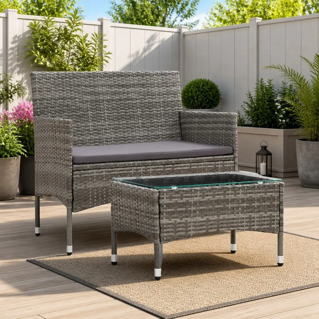 Garden Lounge Set Grey 2 Piece Outdoor Furniture with Cushion PE Rattan