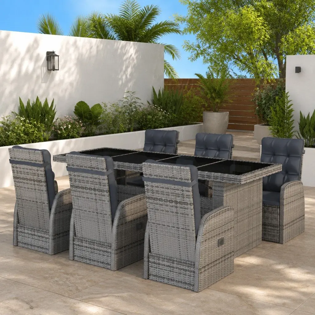 Outdoor Dining Set Grey 7 Piece Poly Rattan Garden Furniture with Cushions