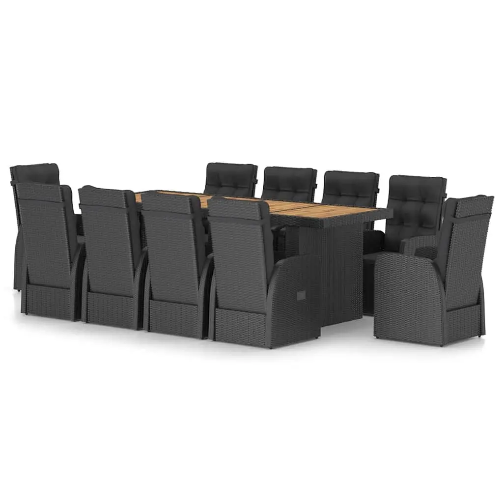 11 Piece Outdoor Dining Set with Acacia Wood Table and Adjustable Backrest Chairs in Black PE Rattan and Steel Frame