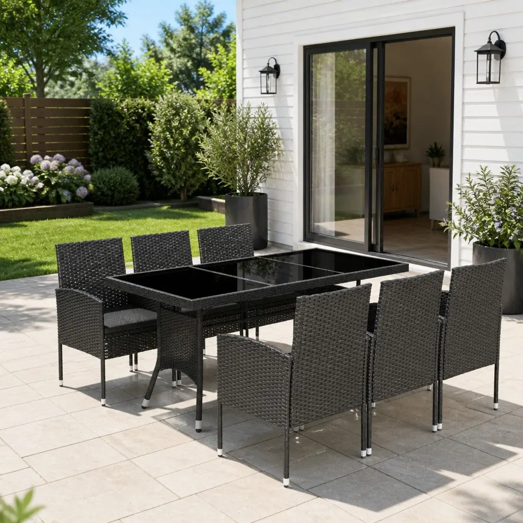 7 Piece Garden Dining Set Black PE Rattan Outdoor Table Chairs with Glass Top and Thick Removable Cushions