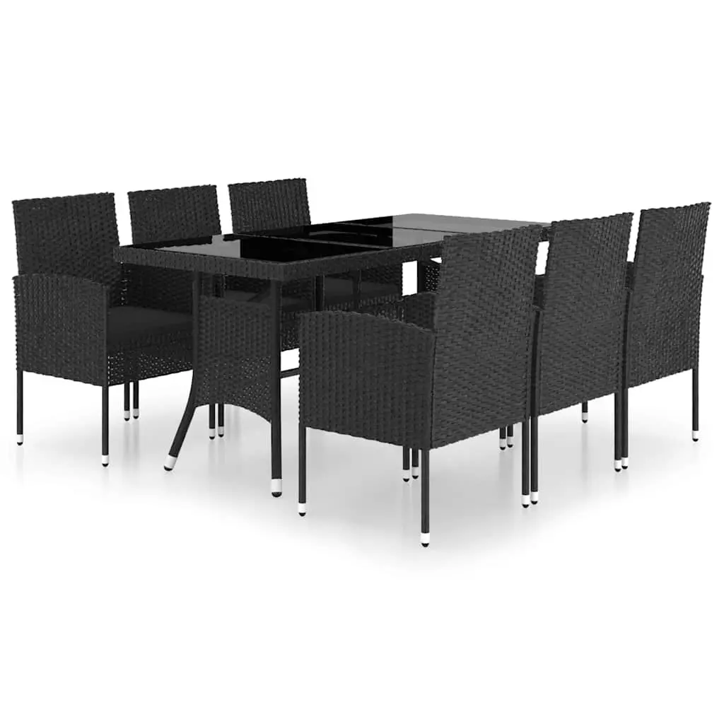 7 Piece Garden Dining Set Black PE Rattan Outdoor Table Chairs with Glass Top and Thick Removable Cushions