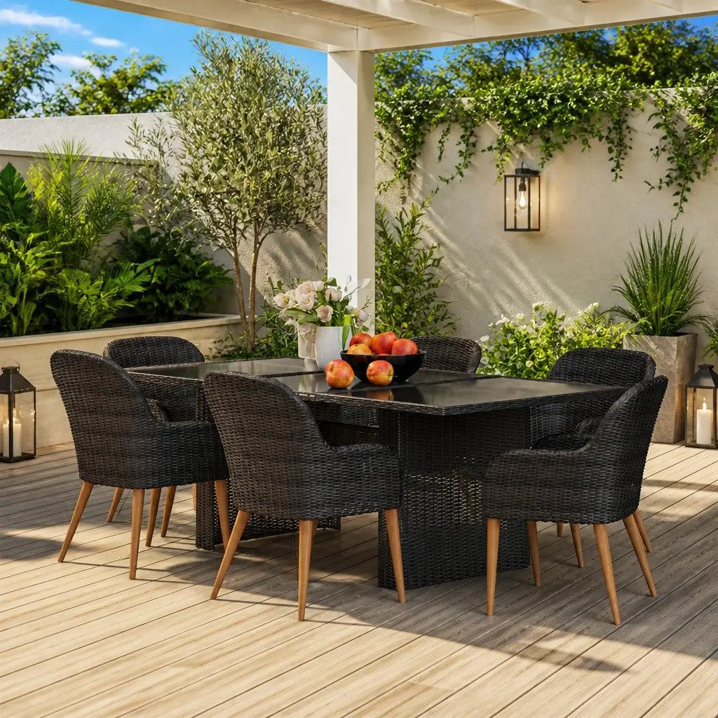 Garden Dining Set Black 7 Piece Outdoor Furniture Poly Rattan Patio Table Chairs
