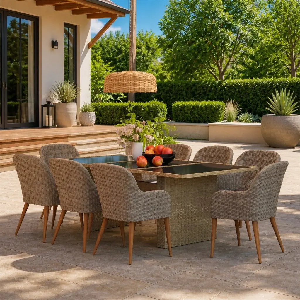 Garden Dining Set Brown 9 Piece Outdoor Furniture Poly Rattan Patio Table Chairs