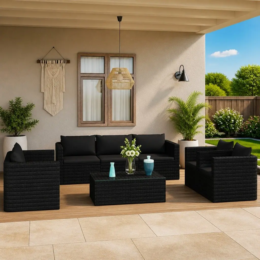 Garden Lounge Set Black 9 Piece Outdoor Furniture Modular Sofa Rattan Cushions