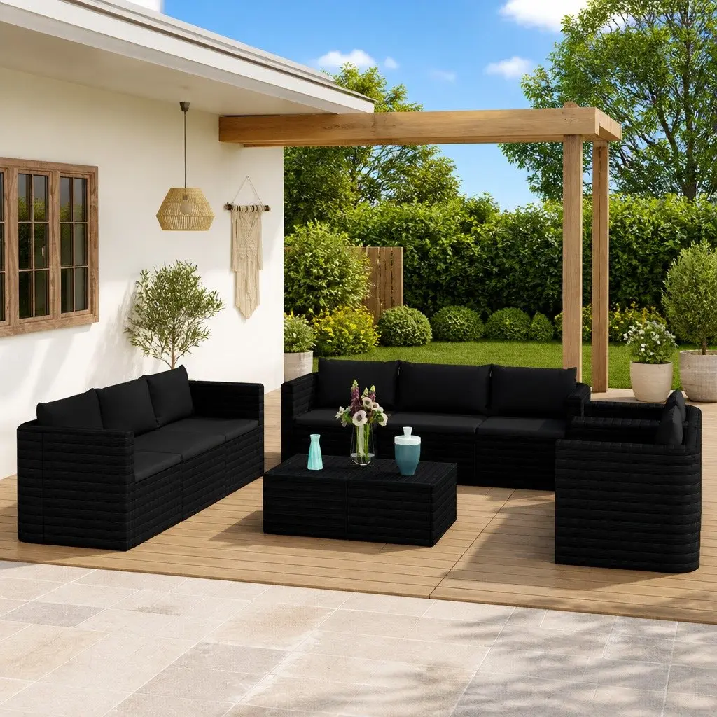 Garden Lounge Set 10 Piece Outdoor Furniture Poly Rattan Modular Black Cushions