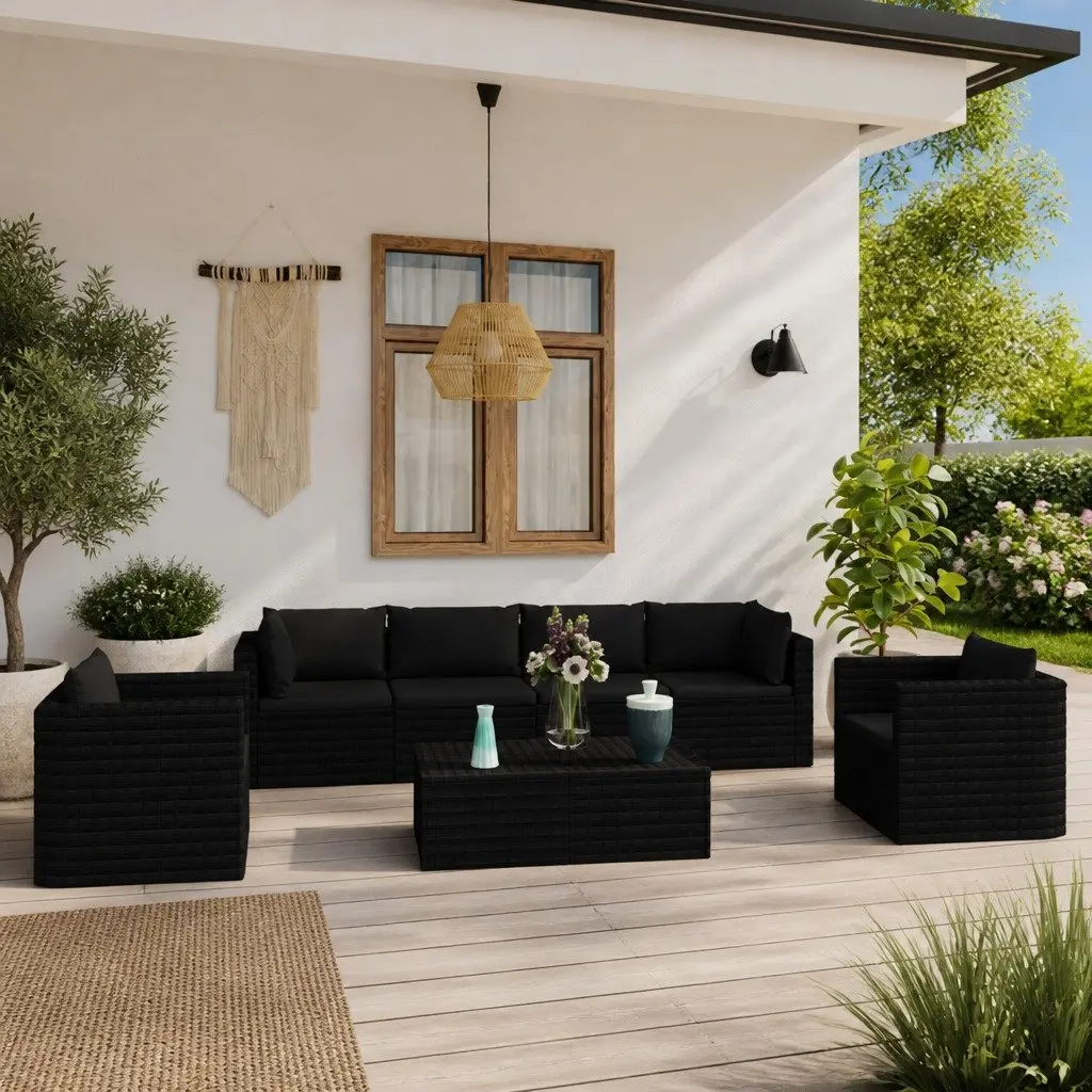 7 Piece Garden Lounge Set Black Modular Seating with Cushions