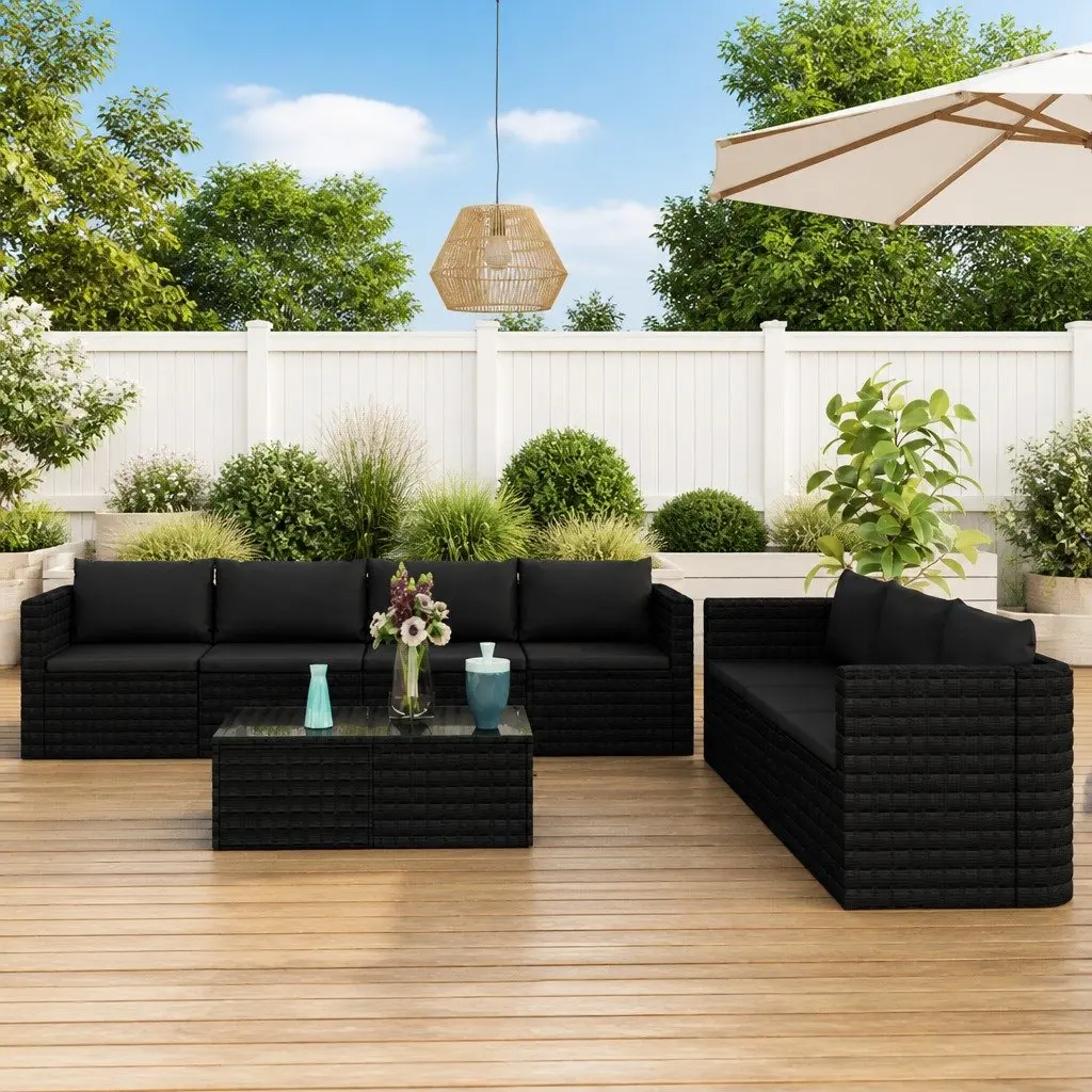 Garden Lounge Set Black 8 Piece Outdoor Furniture Modular Poly Rattan with Cushions