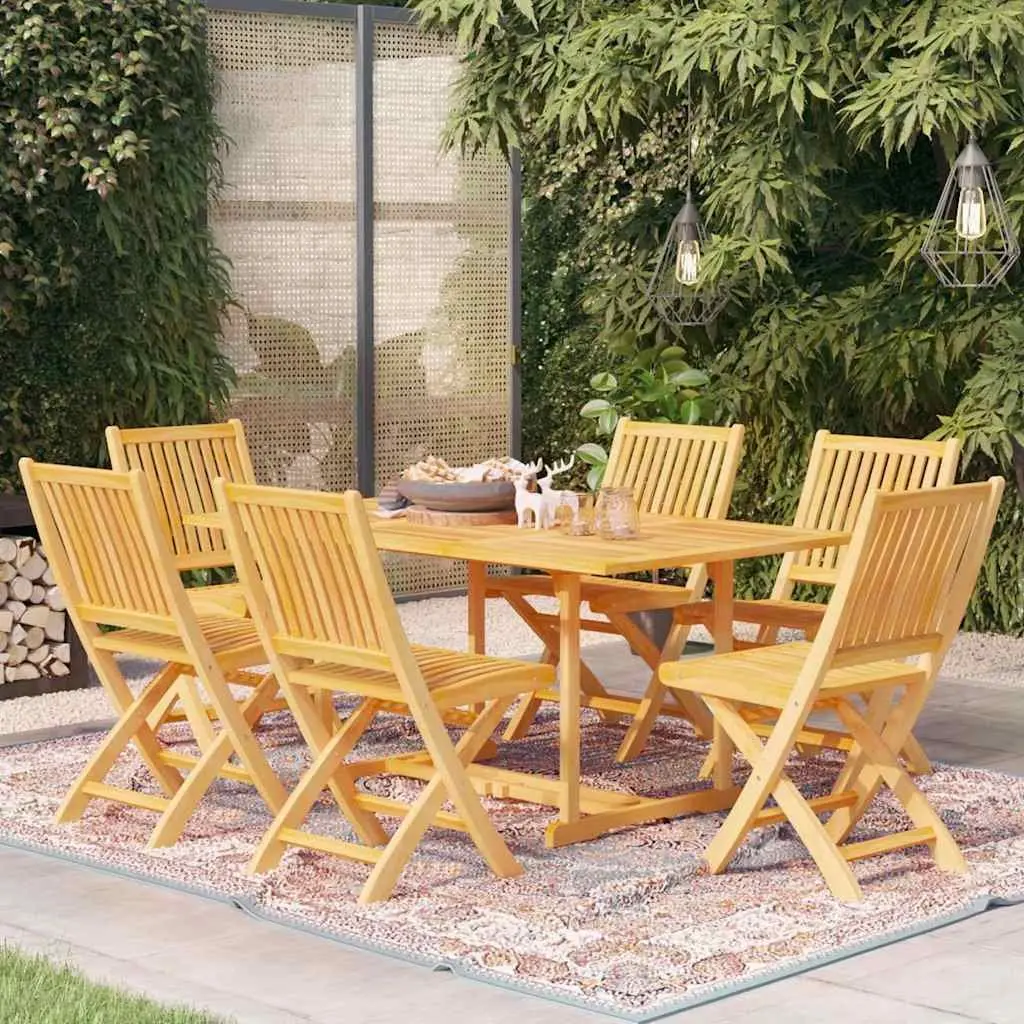 7 Piece Garden Dining Set Brown Teak Wood Foldable Chairs Umbrella Hole