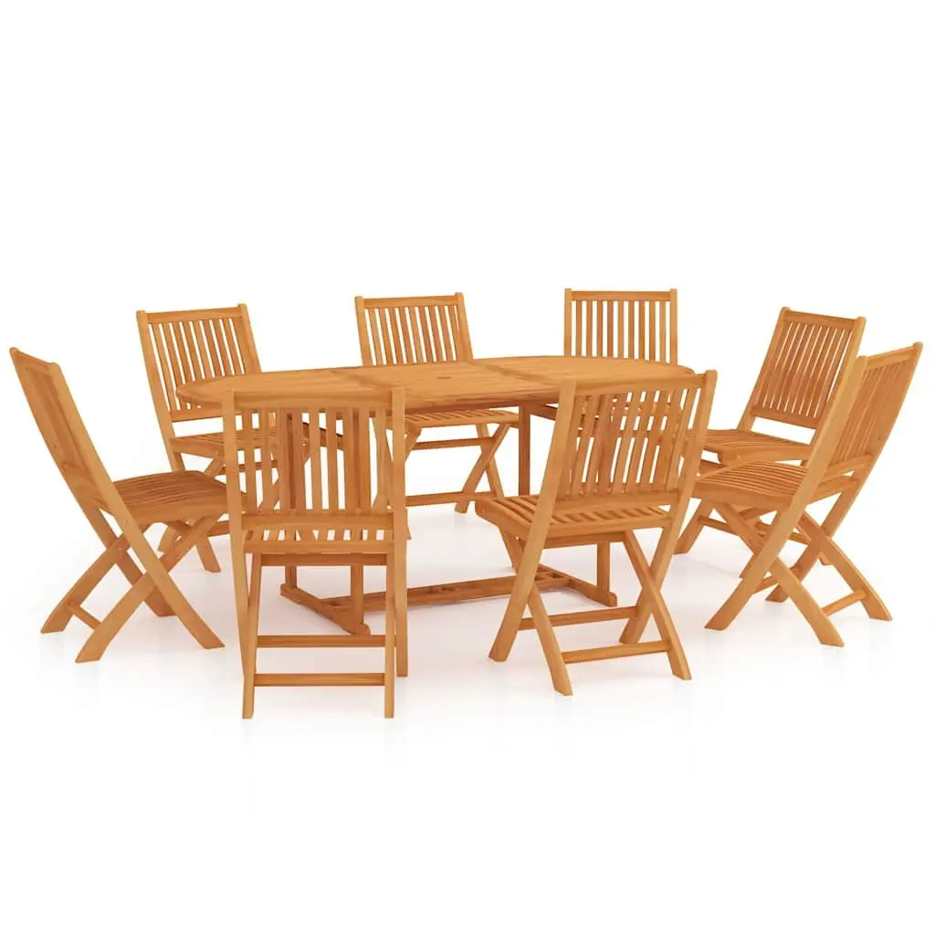 9 Piece Garden Dining Set Brown Teak Wood Outdoor Patio Table with Umbrella Hole and Foldable Chairs