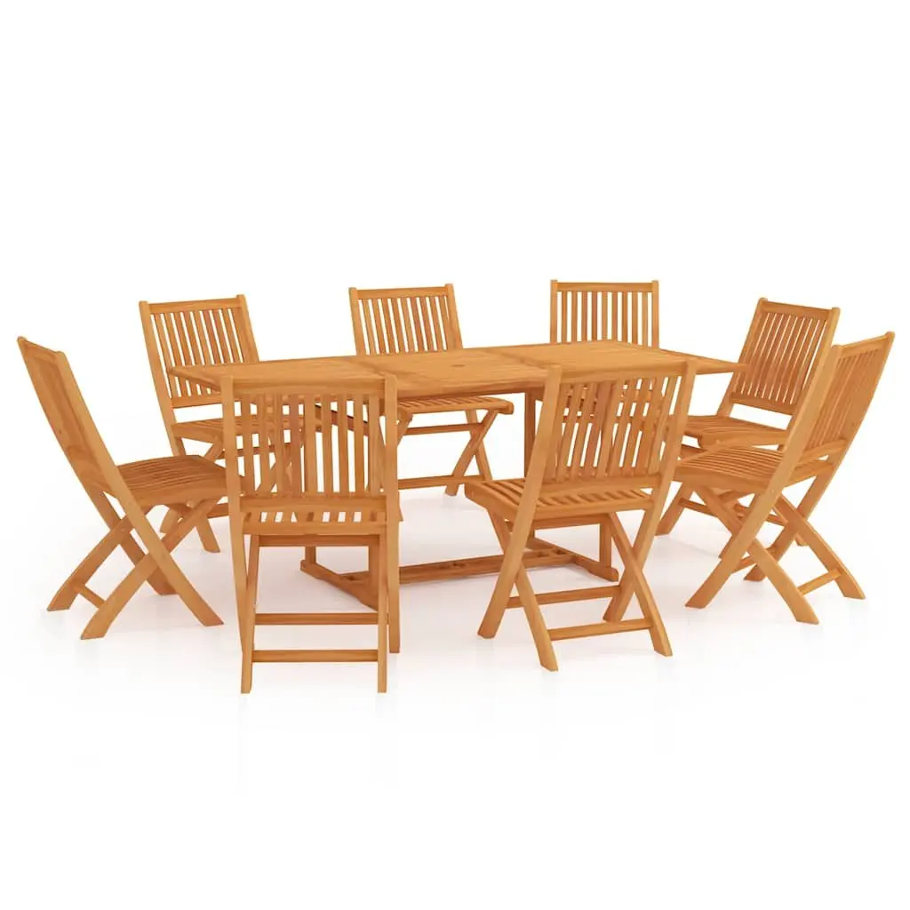 9 Piece Garden Dining Set Brown Teak Hardwood Umbrella Hole Foldable Chairs