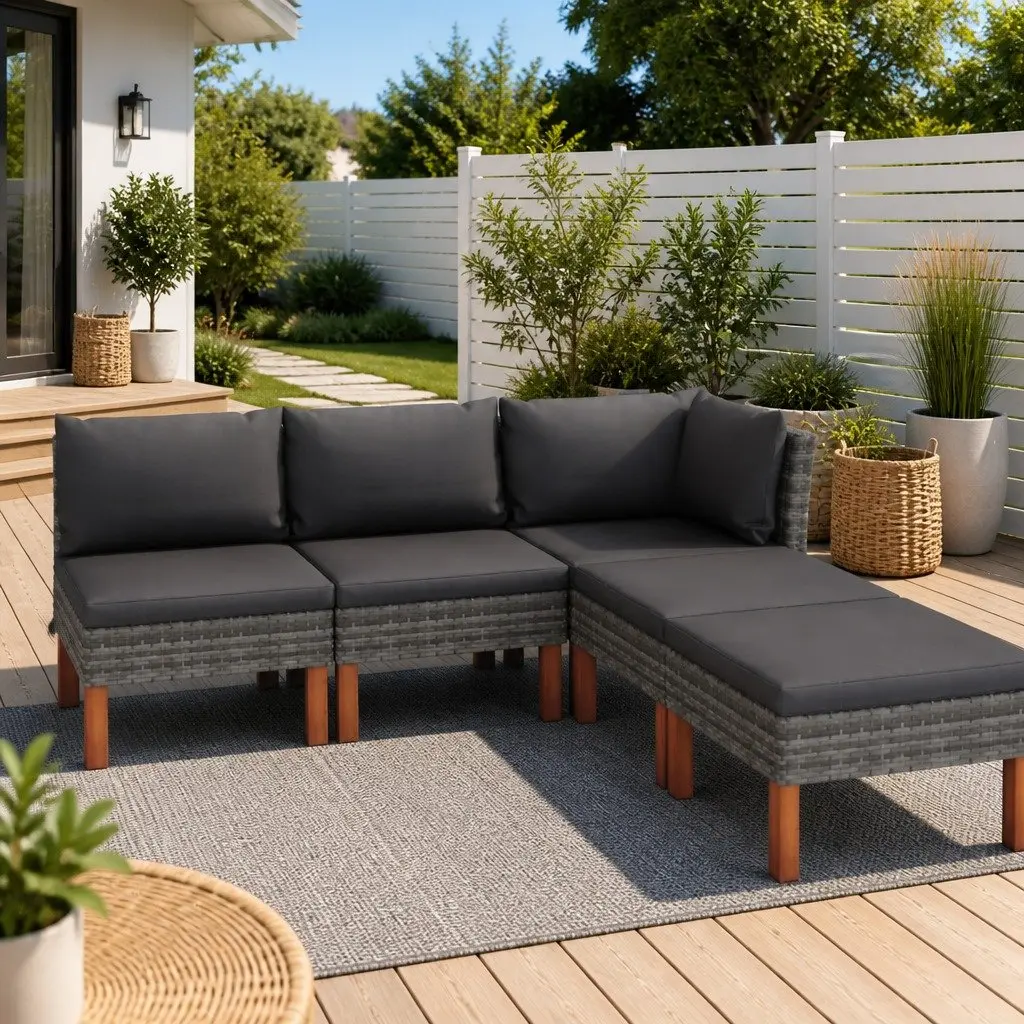 Garden Lounge Set Grey 5 Piece Outdoor Furniture Poly Rattan Sofa with Cushions