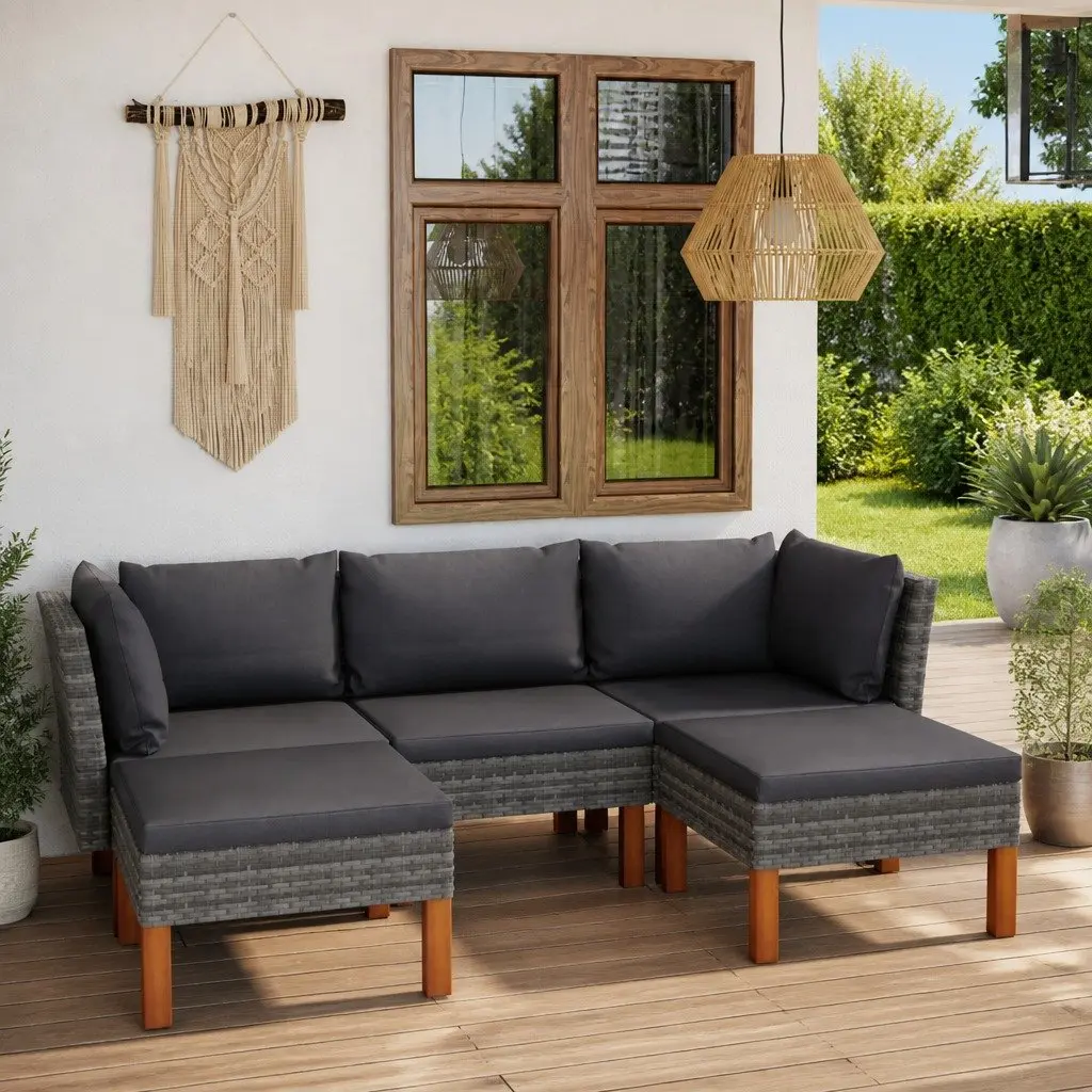 Garden Lounge Set Grey 5 Piece Outdoor Furniture Poly Rattan Sofa with Cushions