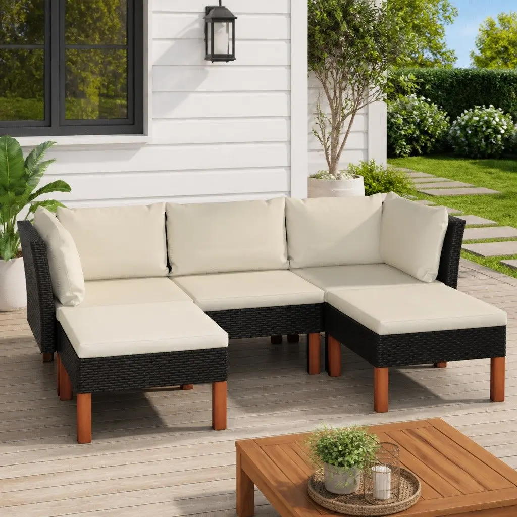 Garden Lounge Set Black 5 Piece Outdoor Sofa PE Rattan Cushions Weather Resistant