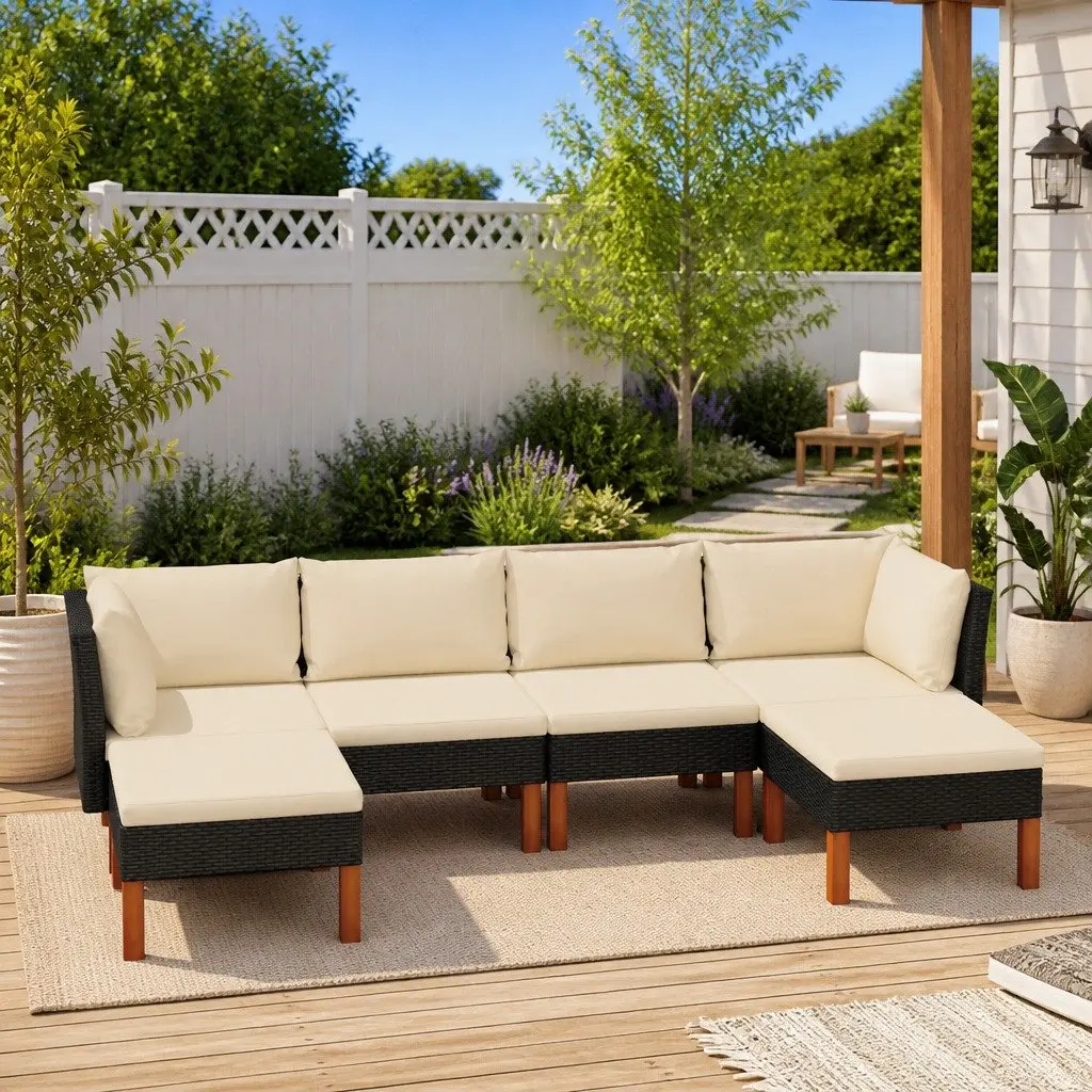 Garden Lounge Set Black 6 Piece Outdoor Furniture PE Rattan Sofa with Cushions