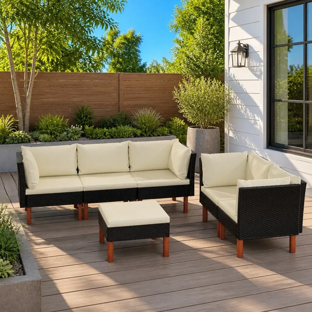 Garden Lounge Set Black 6 Piece Outdoor Furniture Powder Coated Steel PE Rattan Sofa with Cushions