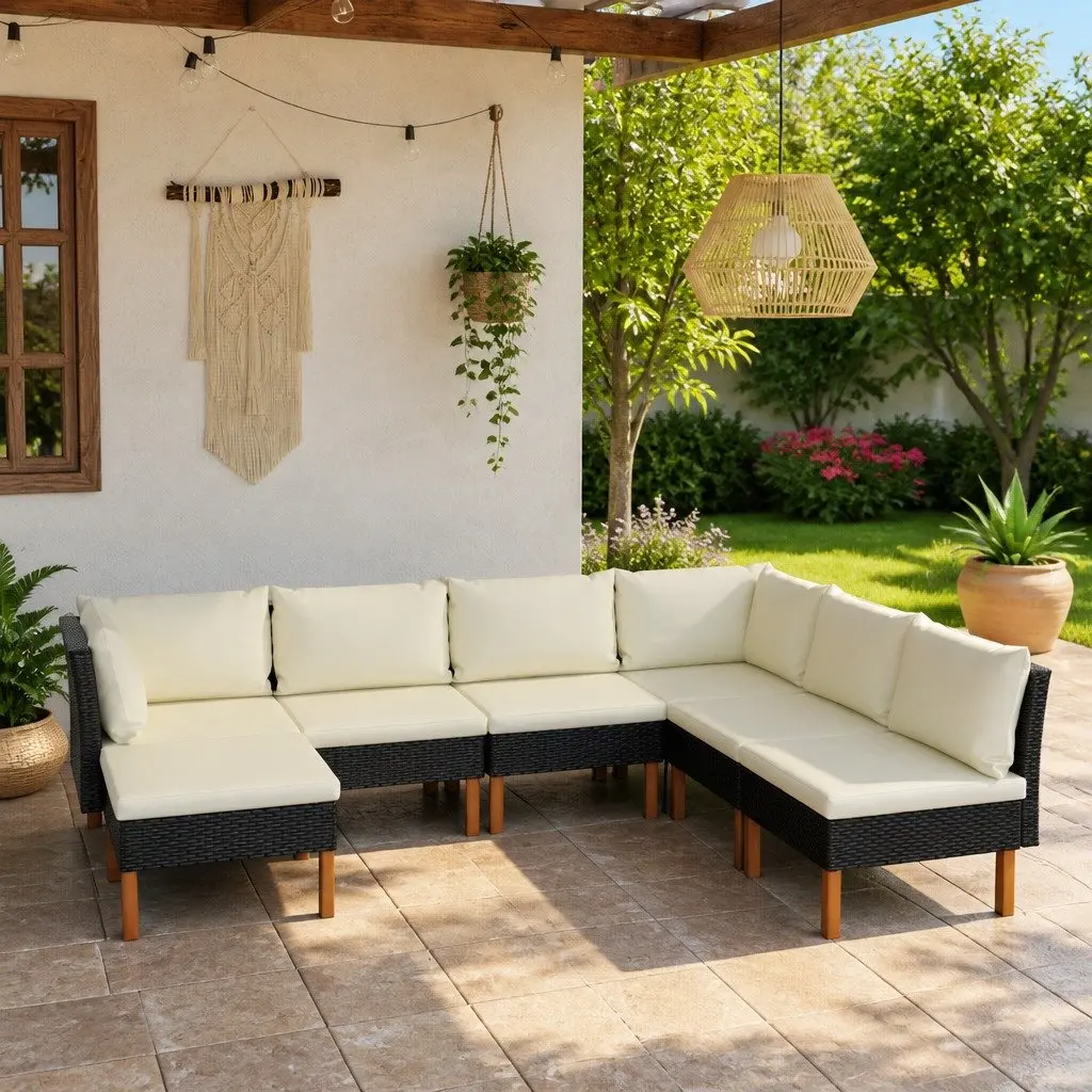7 Piece Garden Lounge Set Black Outdoor Furniture Poly Rattan Sofa with Cushions