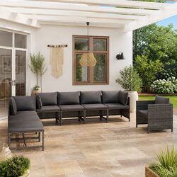 Concise 8 Piece Garden Lounge Set: Grey Poly Rattan