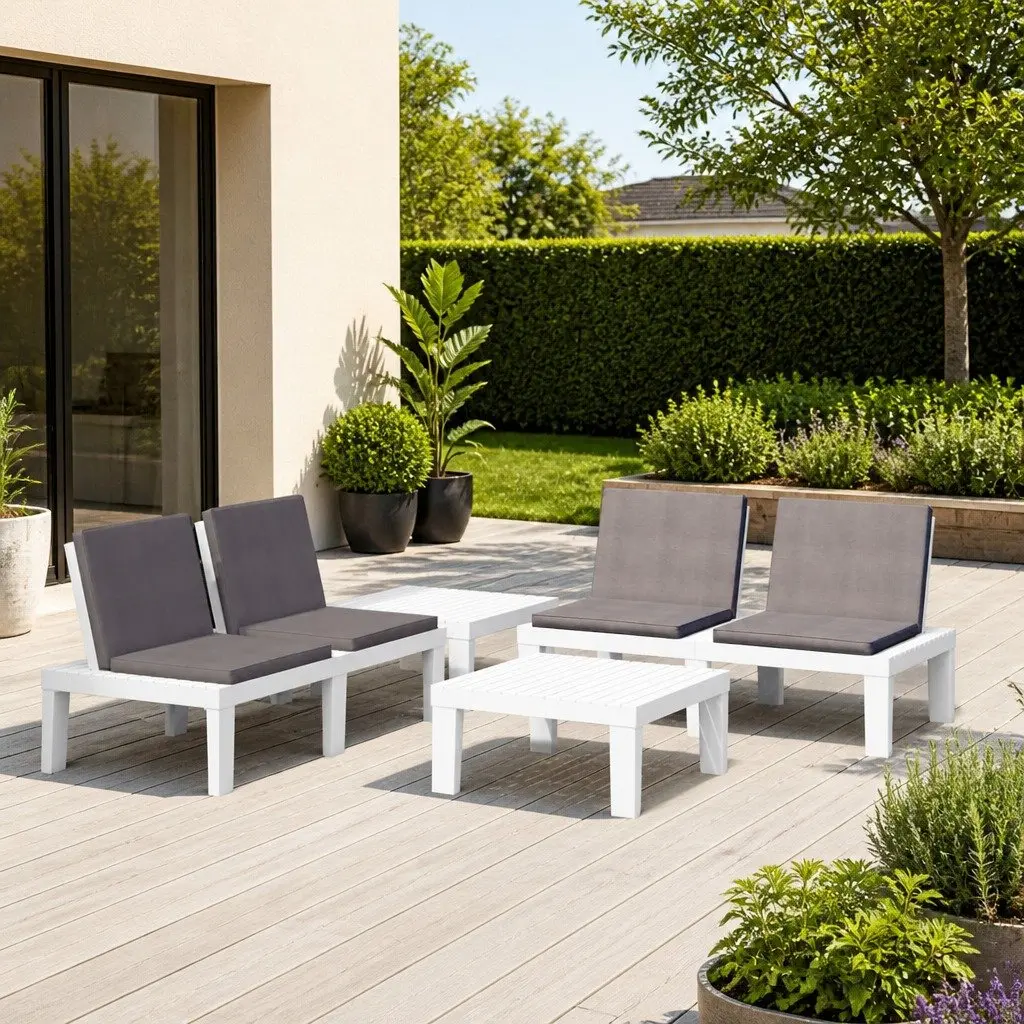4 Piece Outdoor Lounge Set White Cushioned Seating with Sturdy Table