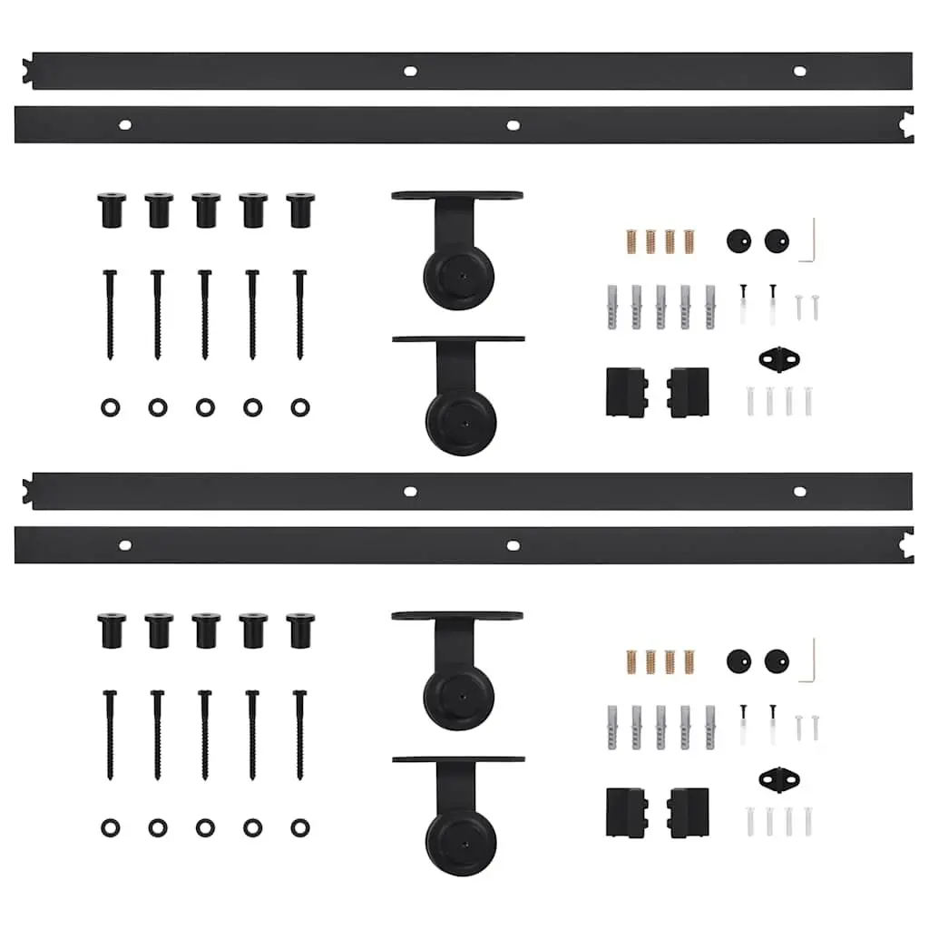 Sliding Door Hardware Kit Black 183cm Steel Rail Track Roller Set 2 Piece