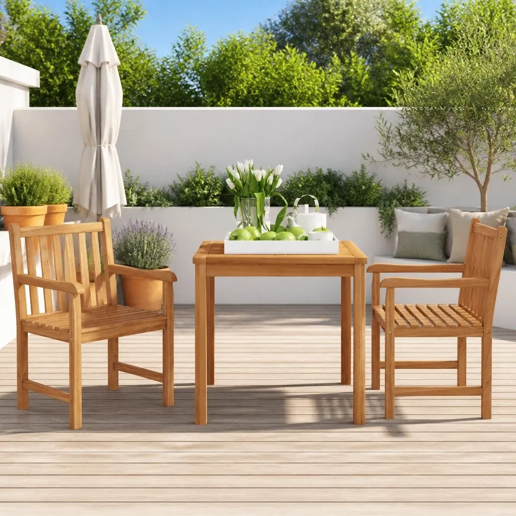 Garden Dining Set 3 Piece Teak Wood Outdoor Patio Table Chairs Brown
