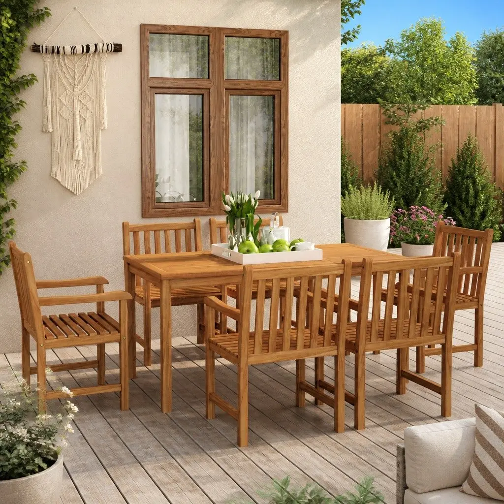 Garden Dining Set 7 Piece Teak Wood Table Chairs Outdoor Patio Furniture Brown