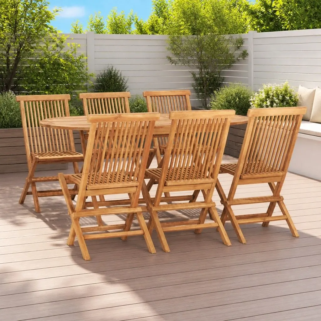 7 Piece Folding Outdoor Dining Set Brown Teak Wood Weather Resistant Garden Patio Furniture