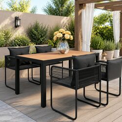 5 Piece Garden Dining Set Outdoor Patio Furniture Black Rattan Steel Chairs