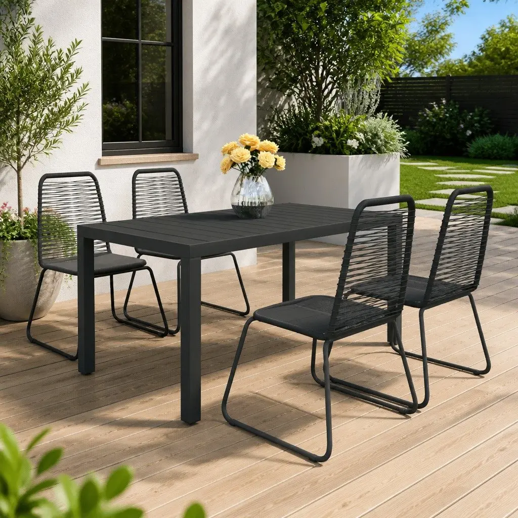 Garden Dining Set Black 5 Piece Patio Furniture Durable PVC Rattan Chairs Aluminium Table