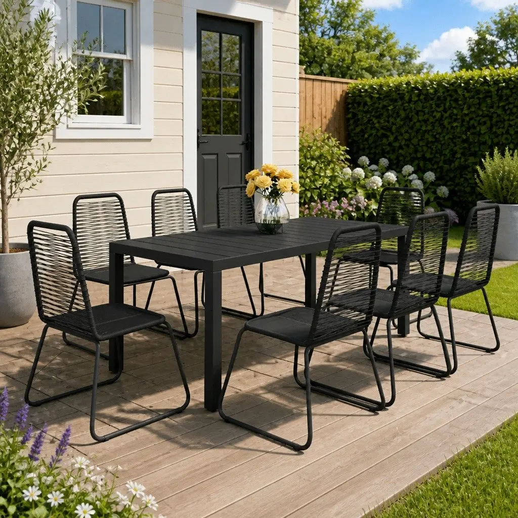 9 Piece Outdoor Dining Set Garden Patio Table Chairs PVC Rattan Black