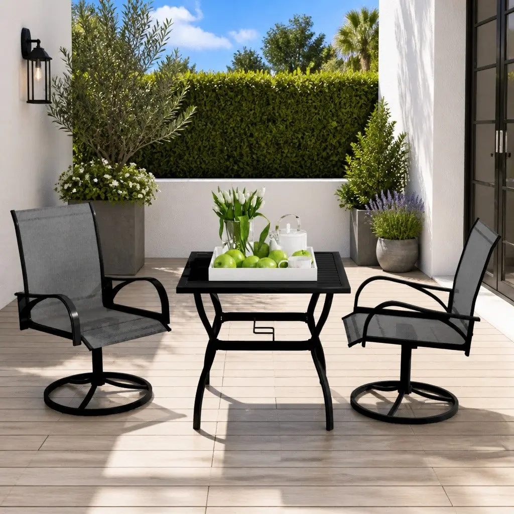 3 Piece Outdoor Dining Set Grey Steel Frame Textilene Chairs Ergonomic Back Support