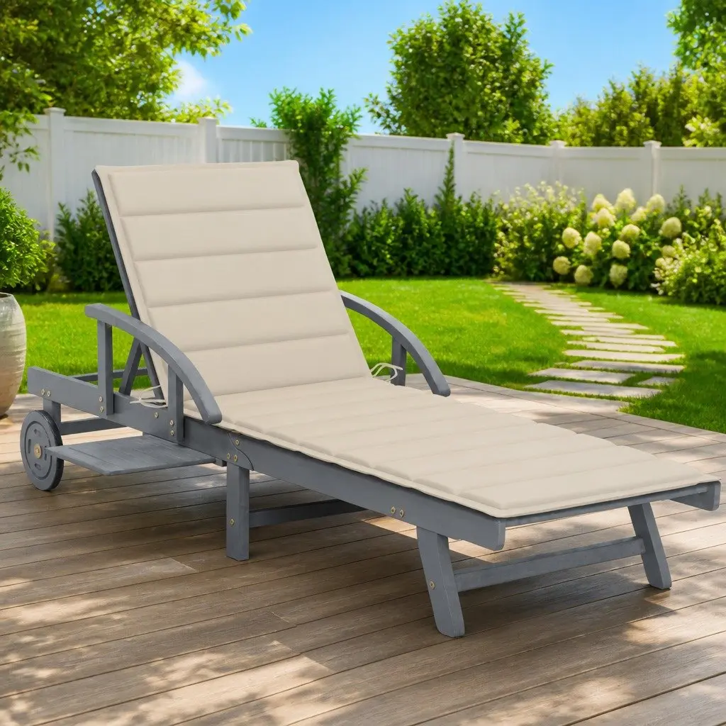 Sun Lounger Grey Wash Wooden Adjustable Backrest with Cushion and Wheels