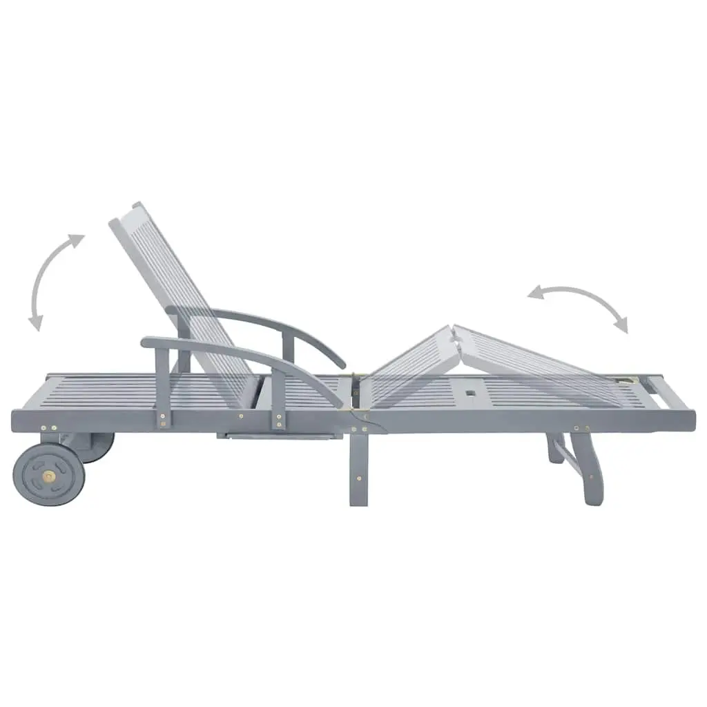 Sun Lounger Grey Wash Wooden Adjustable Backrest with Cushion and Wheels