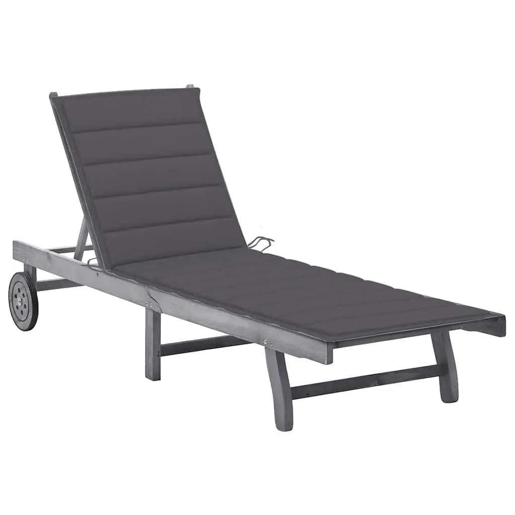 Garden Sun Lounger with Cushion Grey Acacia Wood Adjustable Backrest Outdoor
