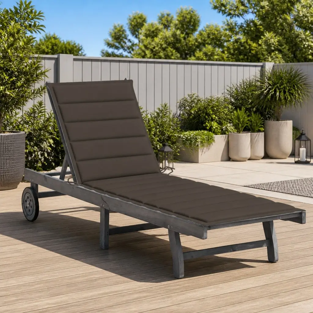Sun Lounger Grey Acacia Wood Outdoor Adjustable Backrest Cushion Wheels