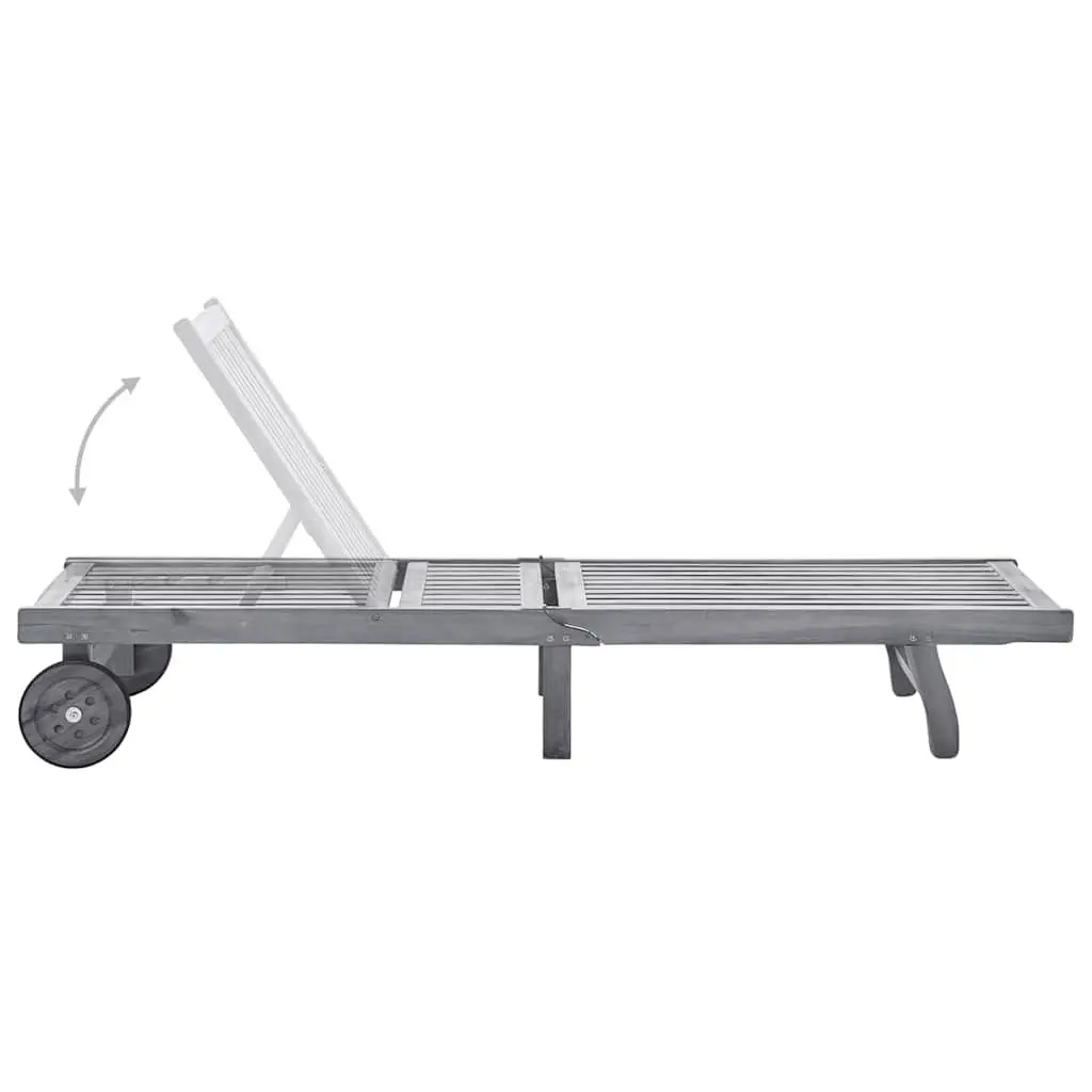 Sun Lounger Grey Acacia Wood Outdoor Adjustable Backrest Cushion Wheels