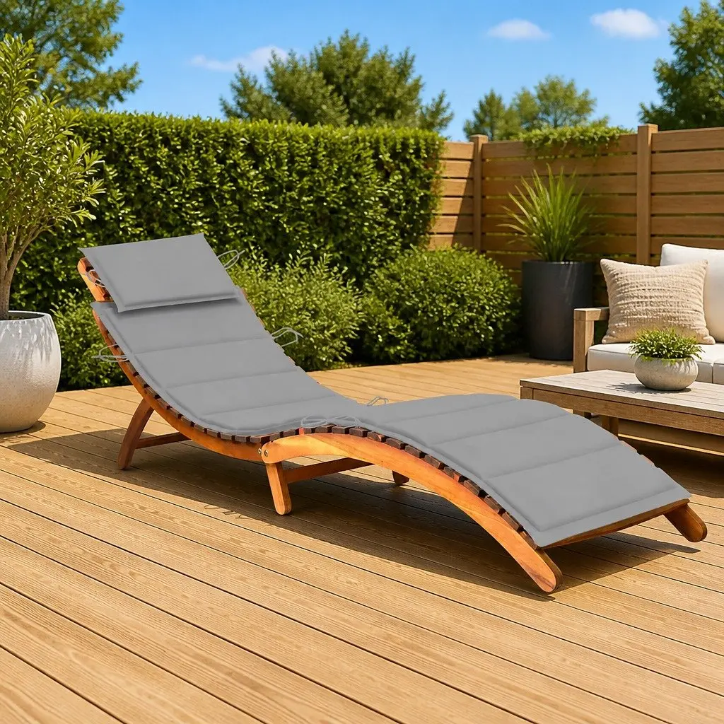 Sun Lounger Wooden Garden Outdoor Recliner Chair Patio Relaxing Bed with Cushion
