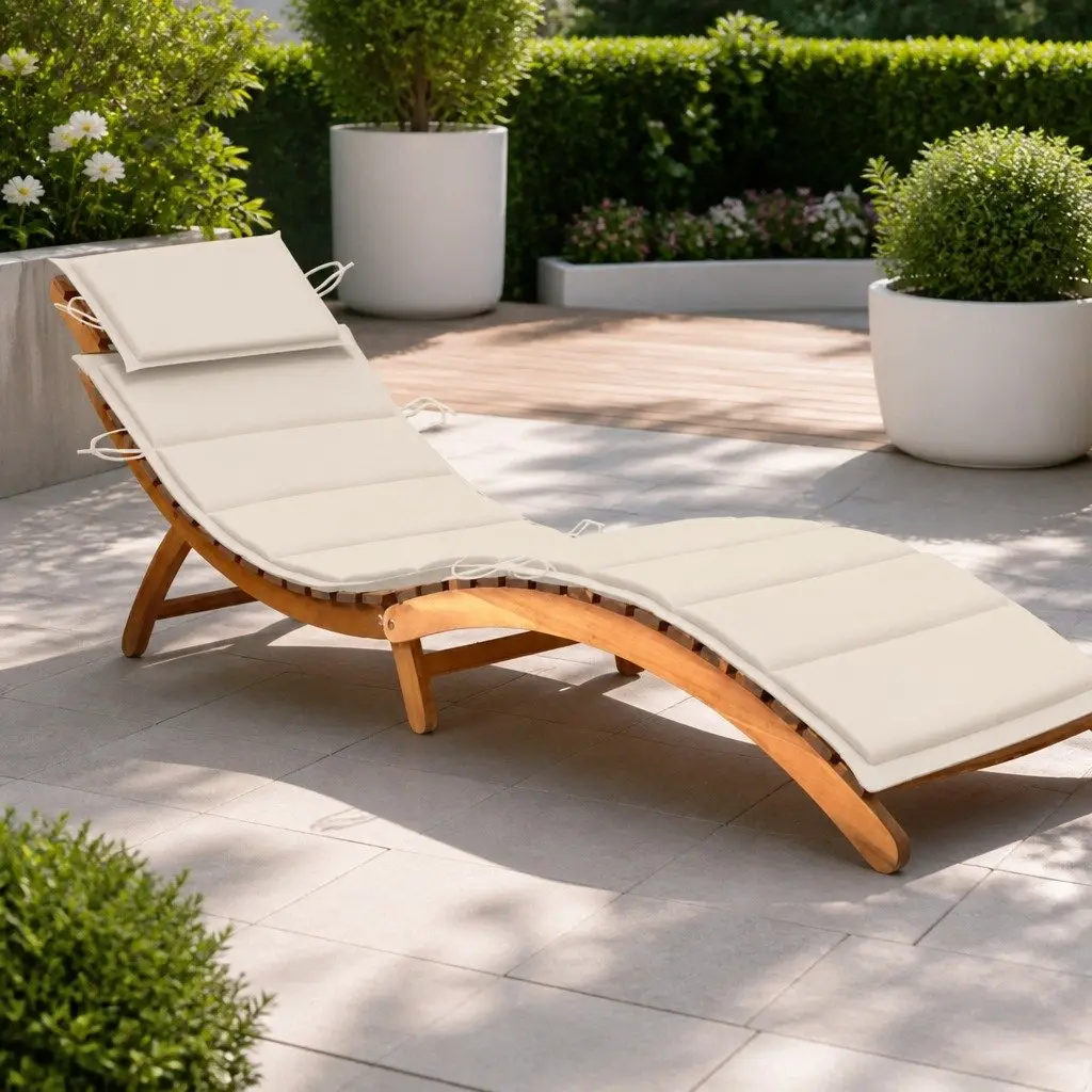 Sun Lounger Cream Folding Outdoor Garden Patio Deck Chair with Cushion