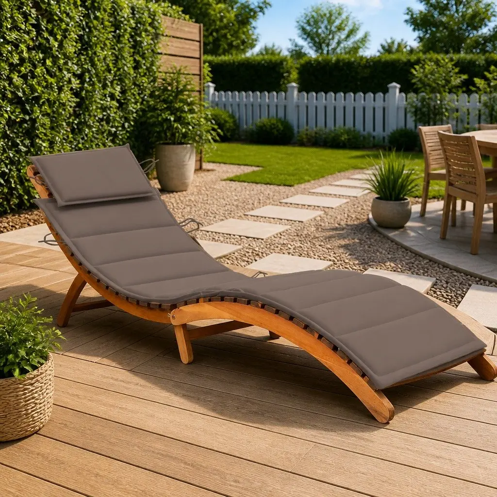 Sun Lounger with Cushion Acacia Wood Ergonomic Garden Patio Outdoor Folding