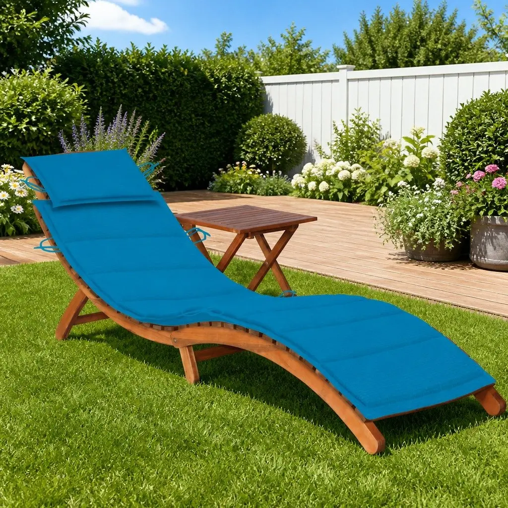 Wooden Sun Lounger Blue Foldable with Side Table and Cushion