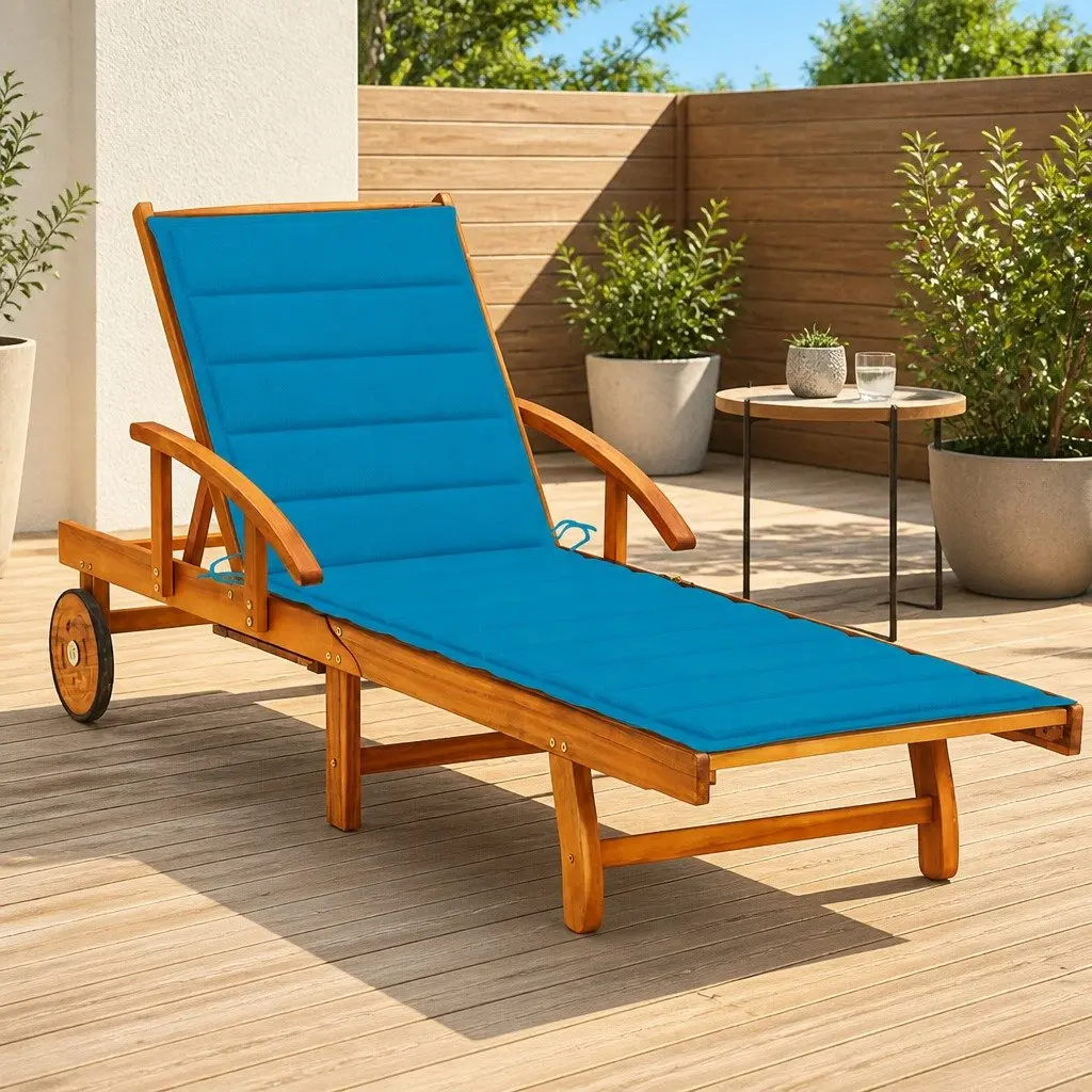 Sun Lounger Blue Adjustable Backrest Acacia Wood with Wheels and Cushion