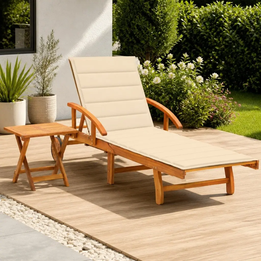 Sun Lounger Cream Adjustable Backrest with Side Table Wheels