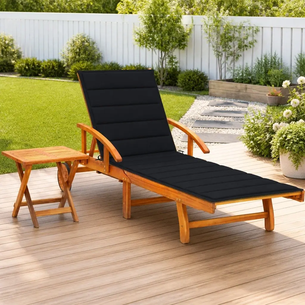 Sun Lounger Black Solid Wood Adjustable Backrest with Side Table and Cushion