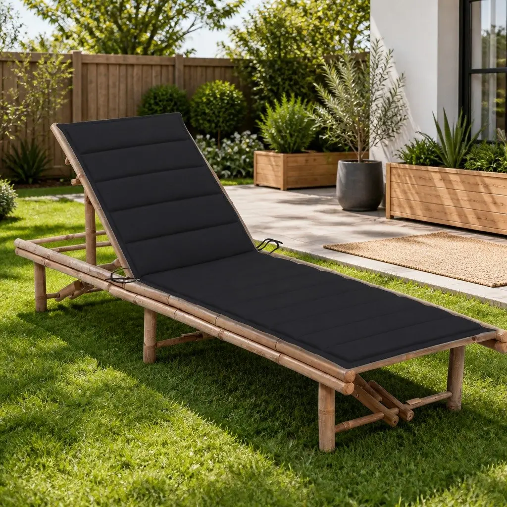 Bamboo Sun Lounger Black Adjustable Backrest with Cushion