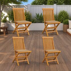 Set of 4 Teak Wood Folding Garden Chairs with Beige Cushions